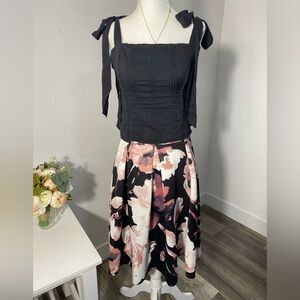 Black With Pink Flowers Midi Women Skirt Size Large